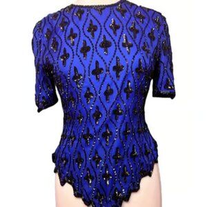 Laurence Kazar MSRP $80 Blouse Cocktail Holiday Sequin Black Blue Top NEW Small